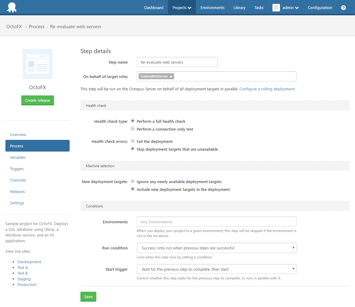 Octopus Deploy Health Check Step UI