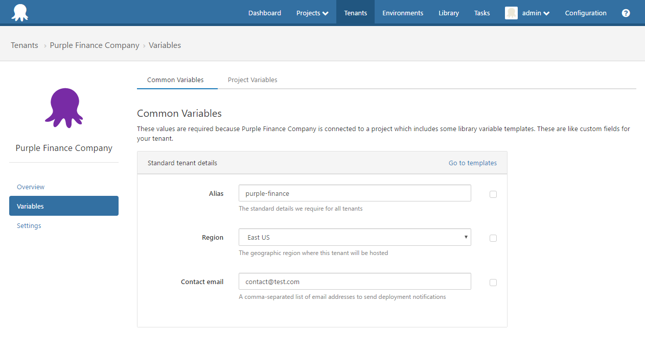 Octopus Deploy Common Variables UI