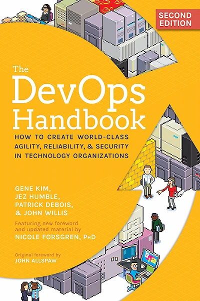The DevOps Handbook cover has a circular arrow cut out of an orange background showing parts of a volcano made from servers