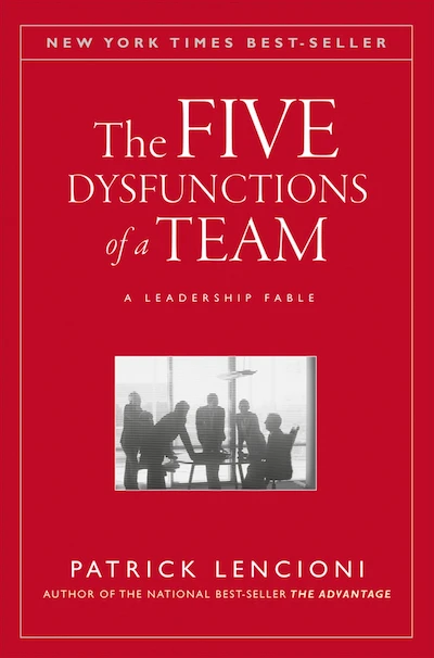The Five Dysfunctions of a Team cover has a bold red background and a small picture of business people standing and sitting around a table