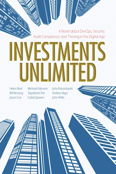Investments Unlimited cover shows a view looking up to blue skyscrapers.