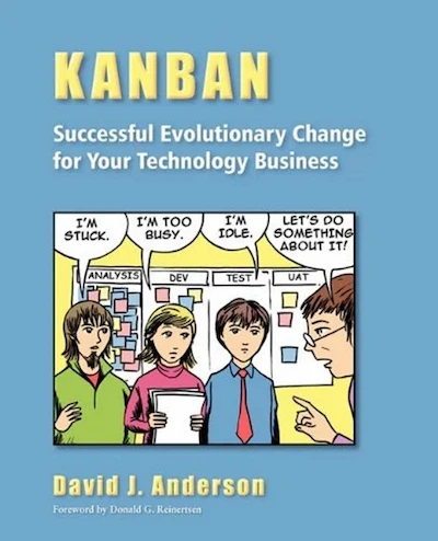 The famous blue cover of the Kanban book has a cartoon with a team stood in front of a Kanban board. The team is talking about making process improvements