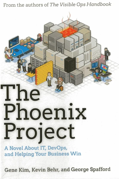 The Phoenix Project book cover features servers stacked into the shape of a volcano
