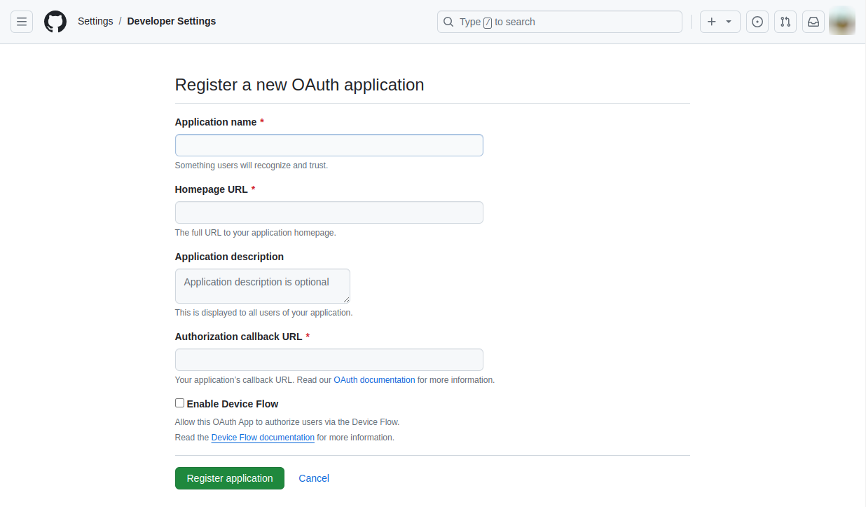 Register new oauth application