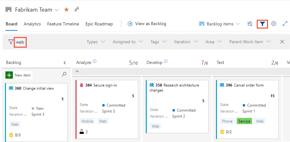 Kanban board with filters
