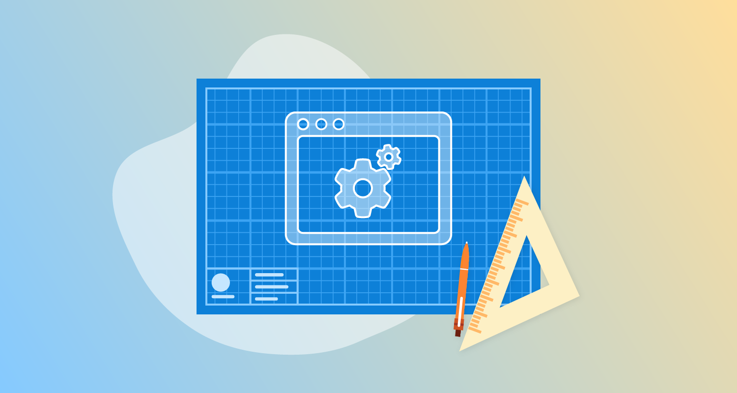 A blueprint on grid paper with drawing tools