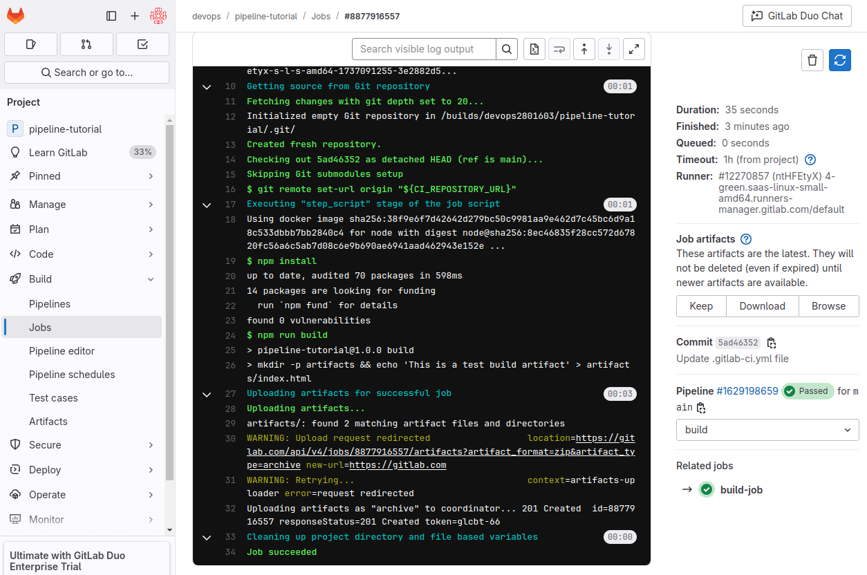Test job in the GitLab UI