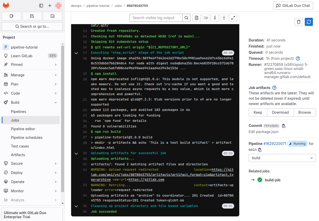 Test job in the GitLab UI