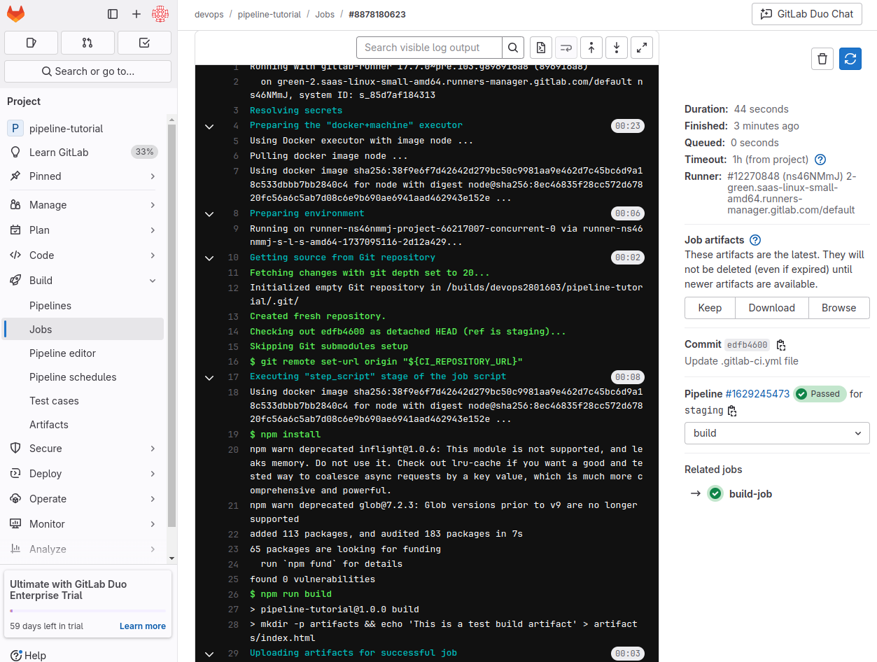 Test job in the GitLab UI