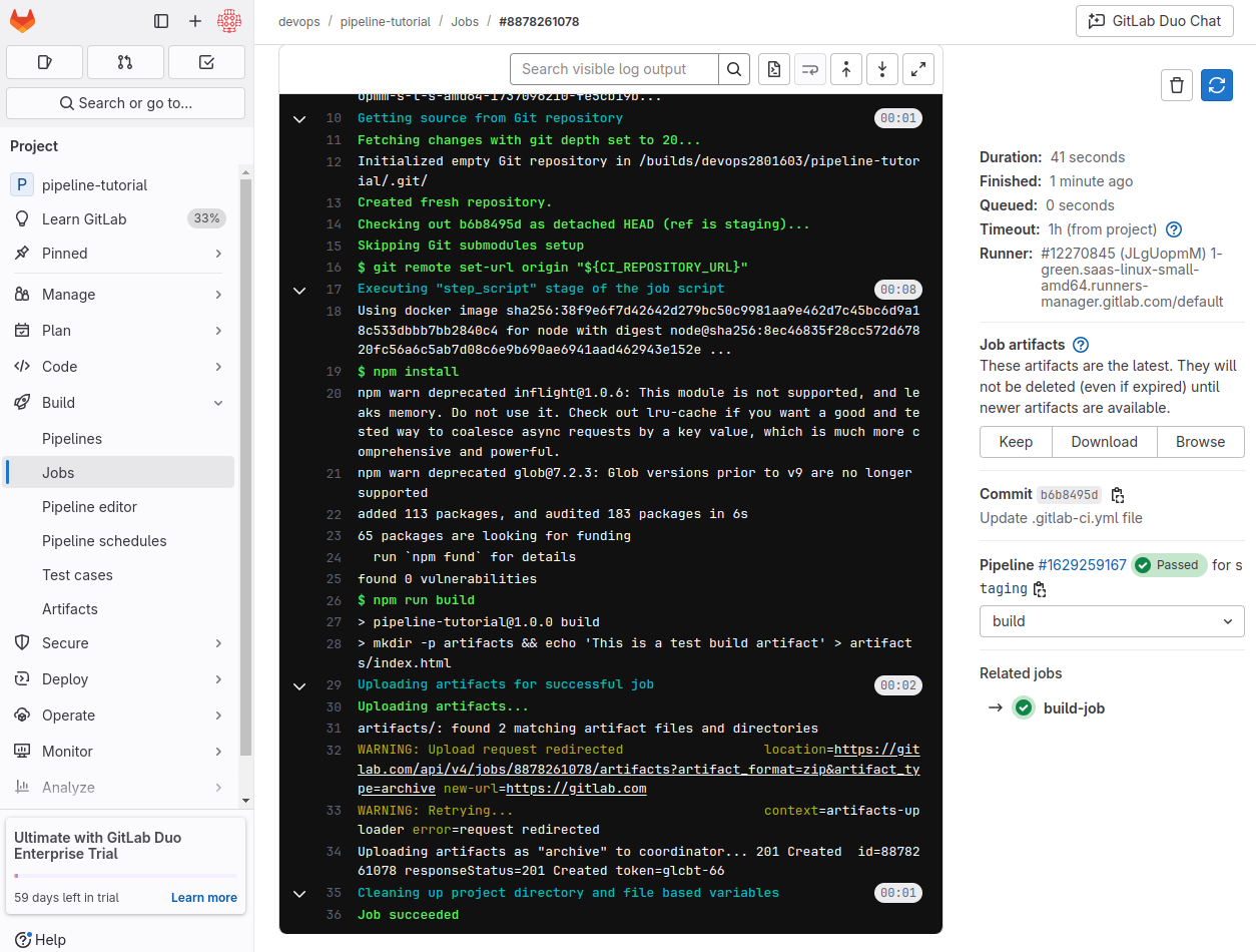 Test job in the GitLab UI