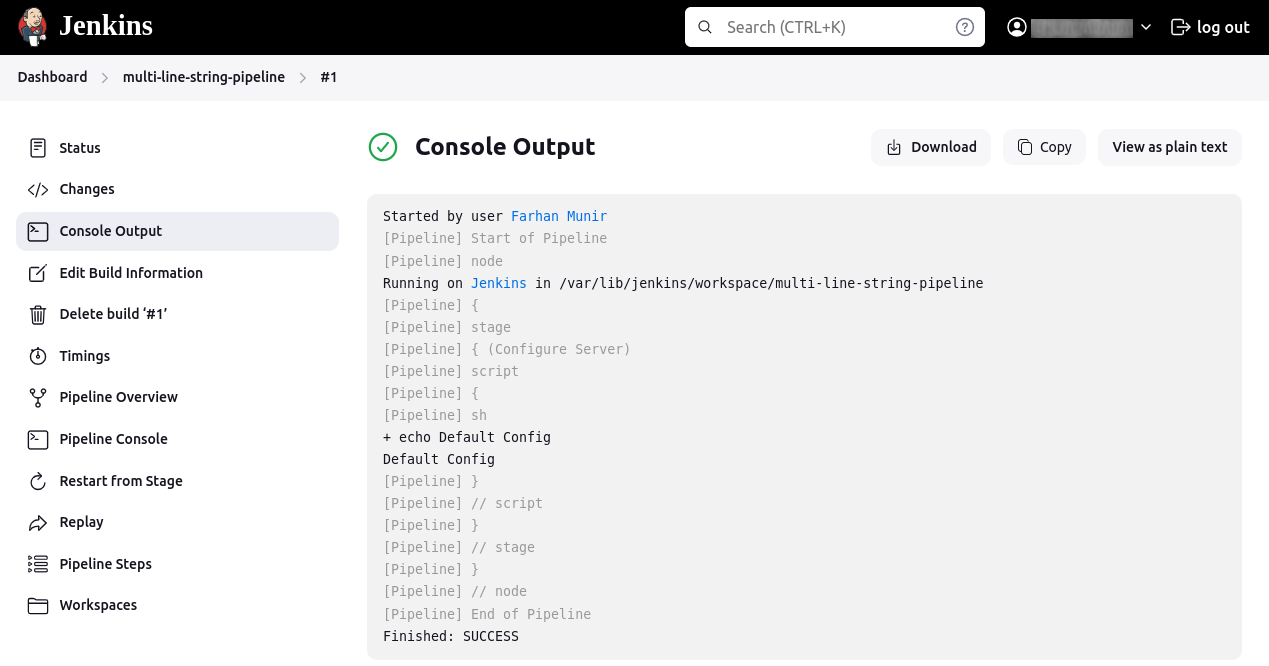 Multi-line string parameter output