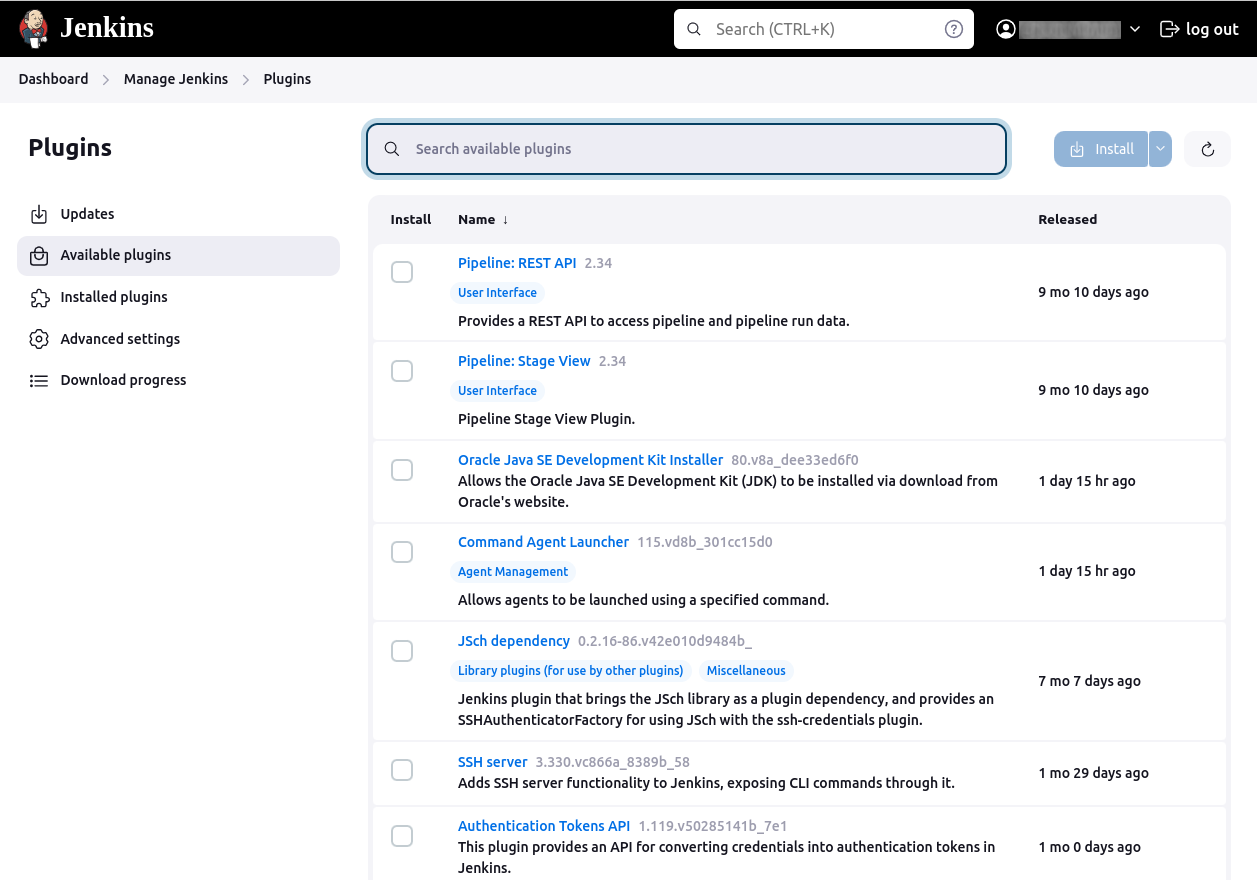 Jenkins available plugins tab