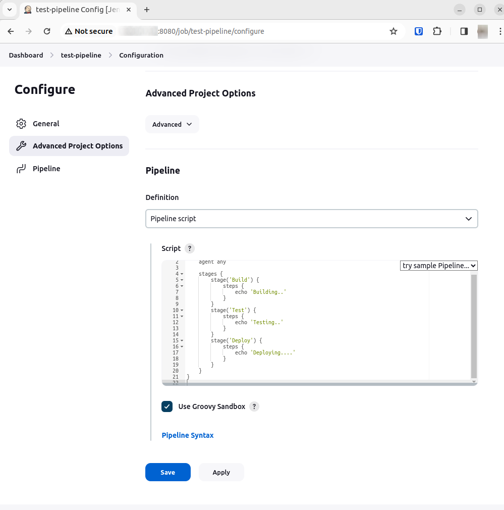 Jenkins pipeline configuration screen