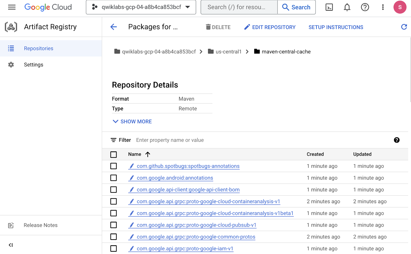 Google Artifact Registry screenshot