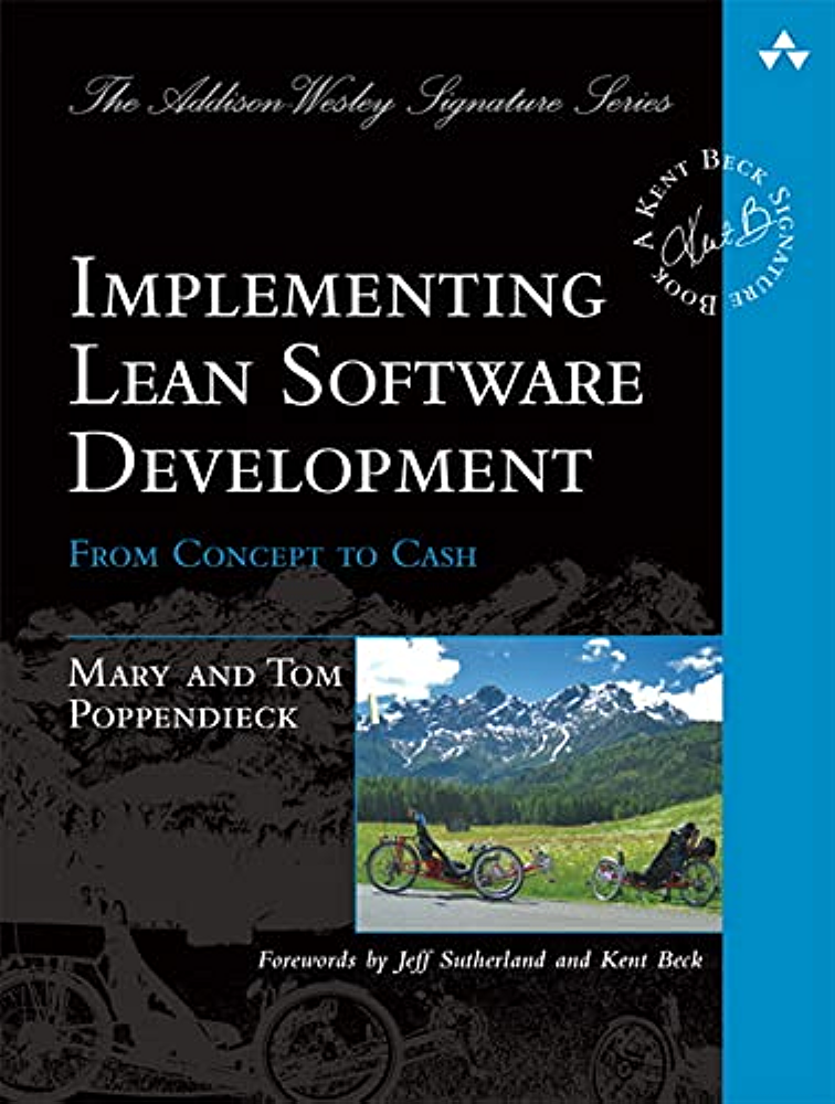 Implementing Lean Software Development has a cover with a picture of recumbent bicycles in front of a pine forest and snow-capped mountains