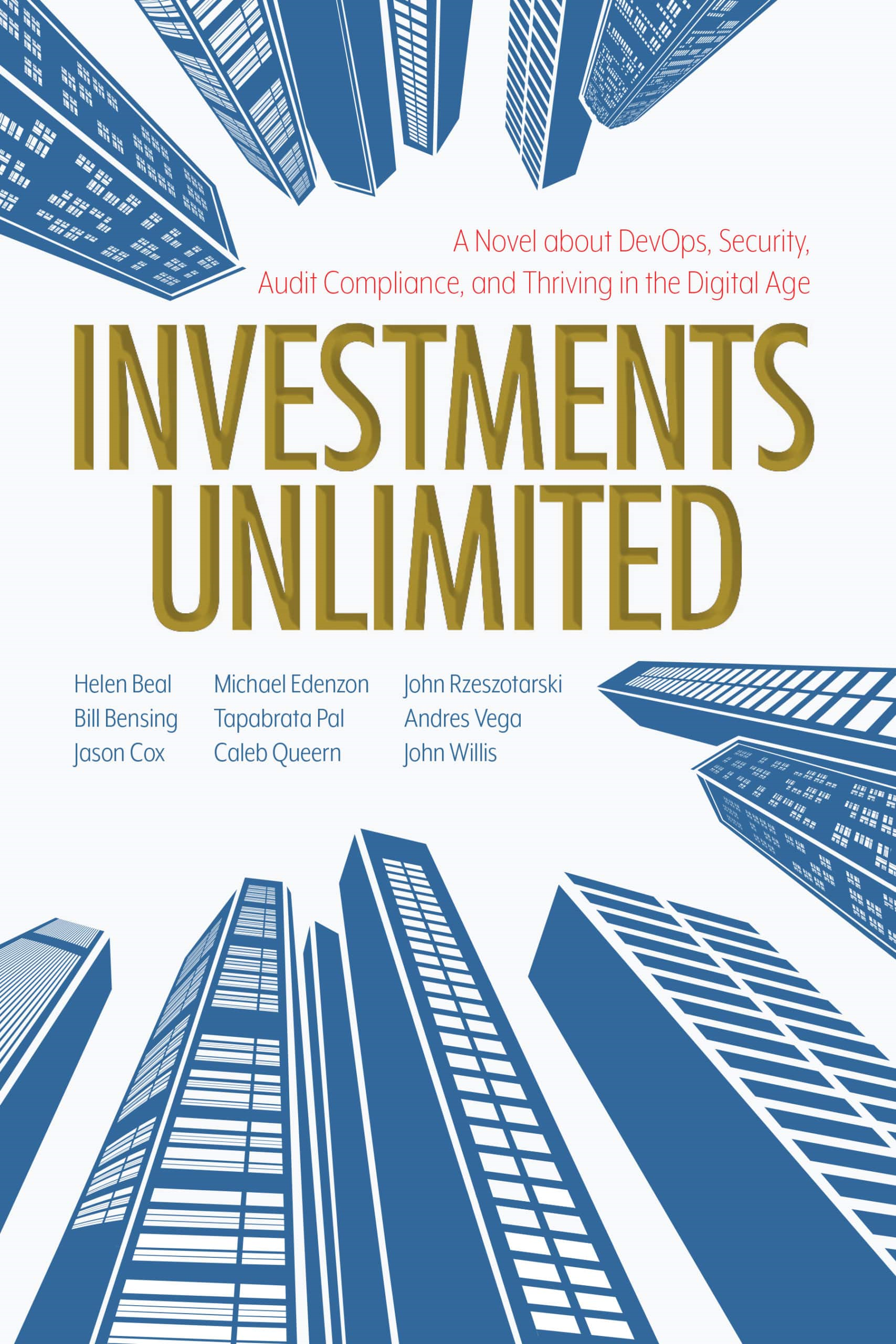 Investments Unlimited cover shows a view looking up to blue skyscrapers.