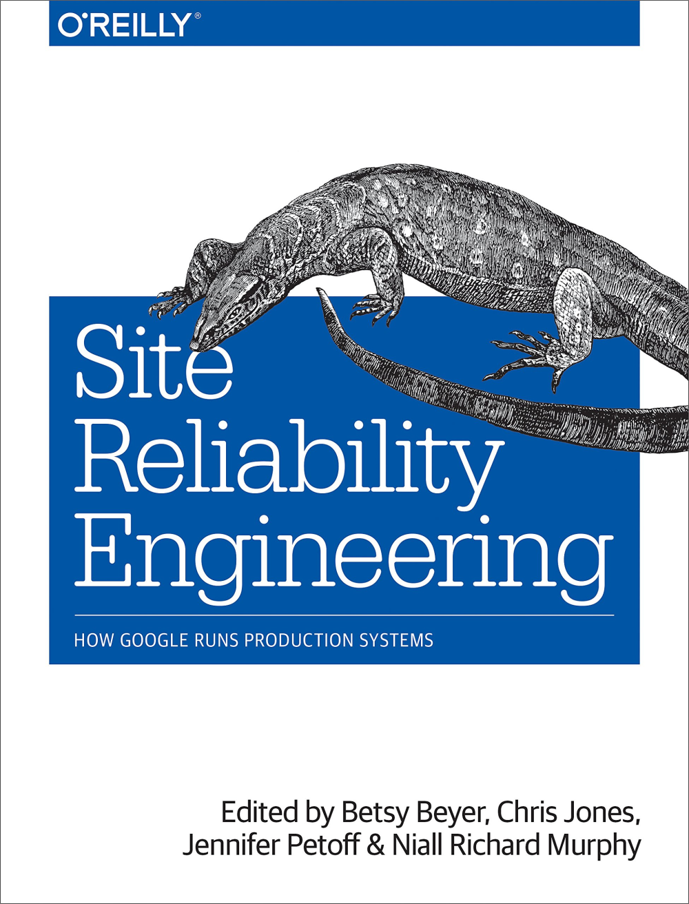 Site Reliability Engineering cover with a block-cut illustration of a lizard