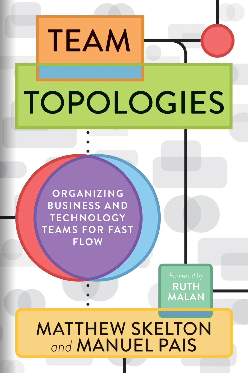 Team Topologies has a cover arranged like parts of a flow chart in many colors