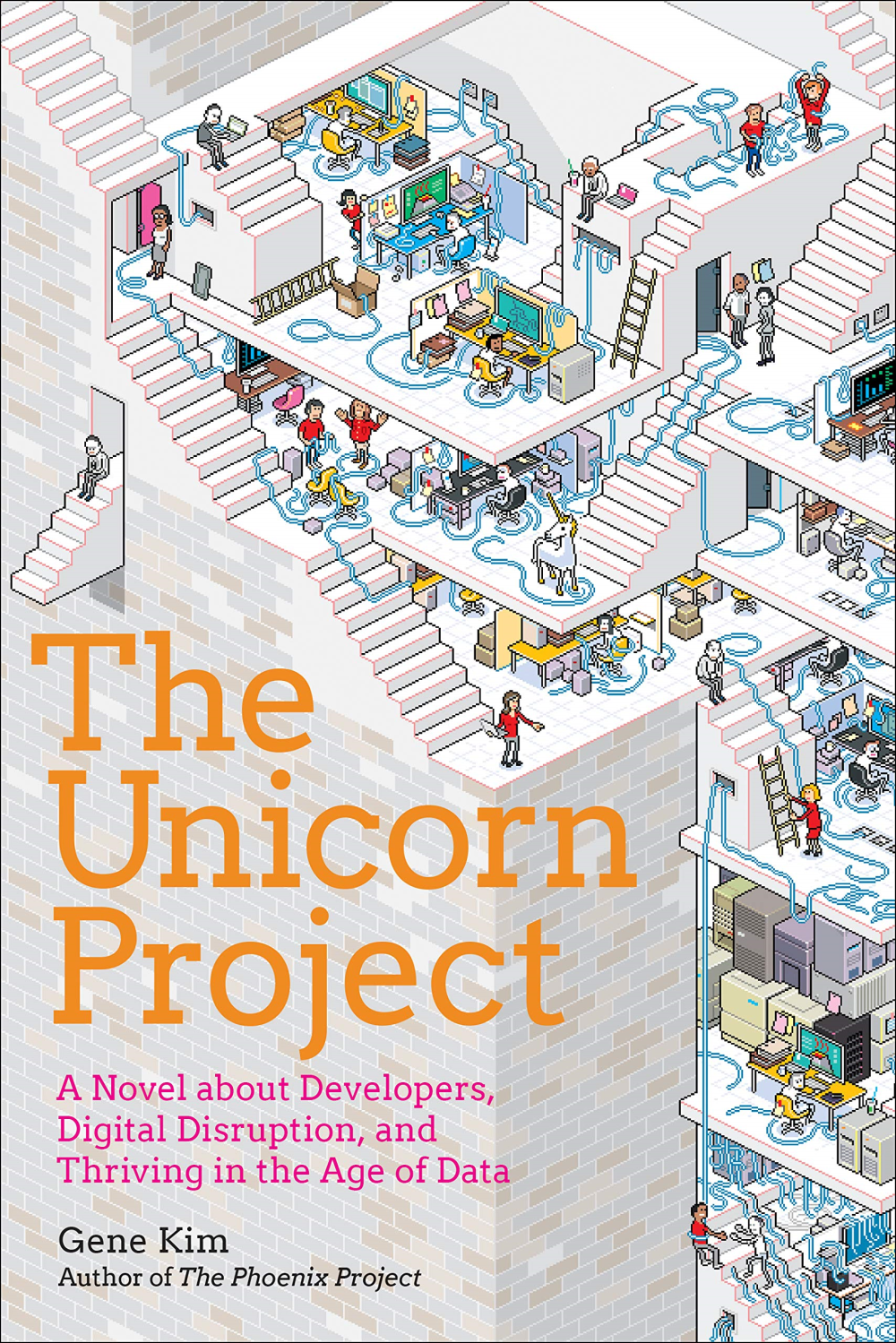 The Unicorn Project book cover features an office with many workers trying to connect blue cables