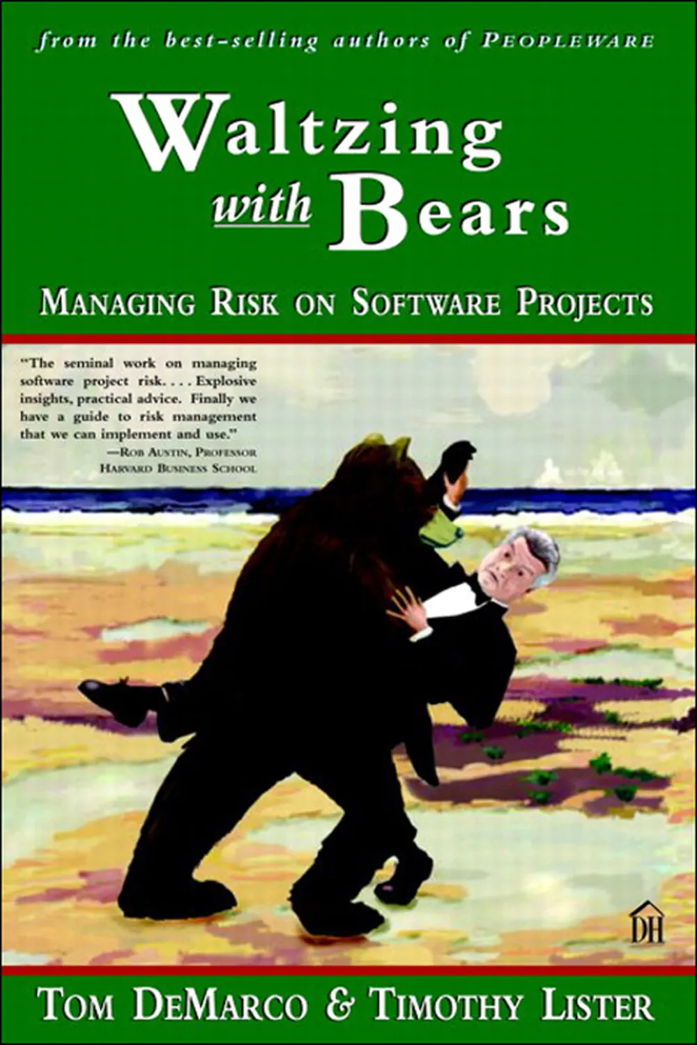 Waltzing With Bears cover shows a man looking worried dancing with a large bear - the bear leads