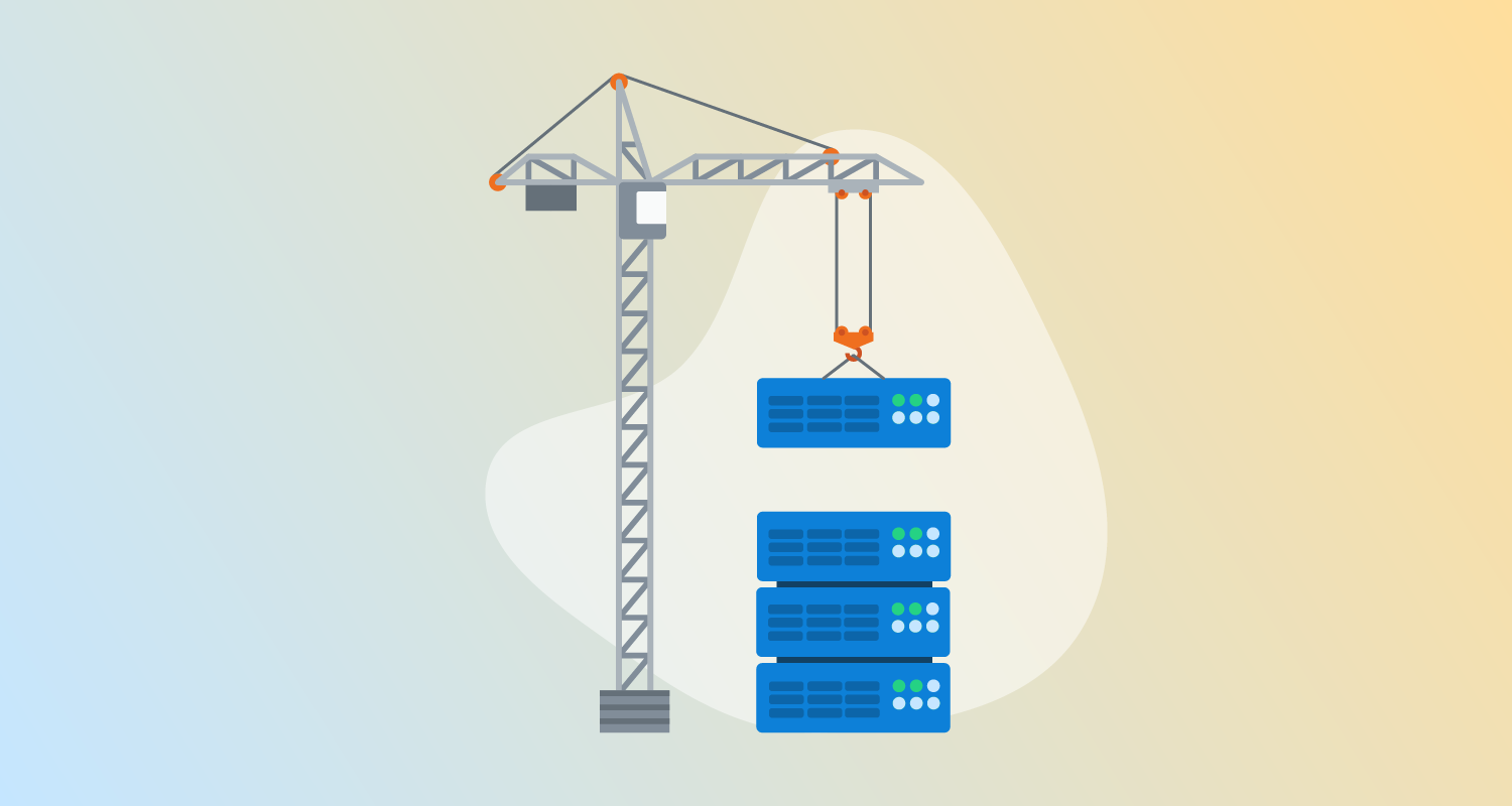 A large crane moving servers into a high-rise stack