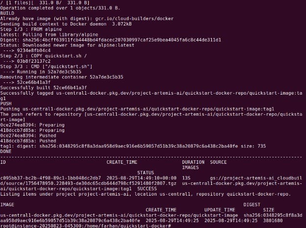 Cloud Build output showing the pushed image