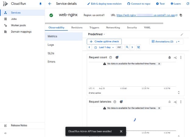 Cloud Run service details in the Google Cloud console