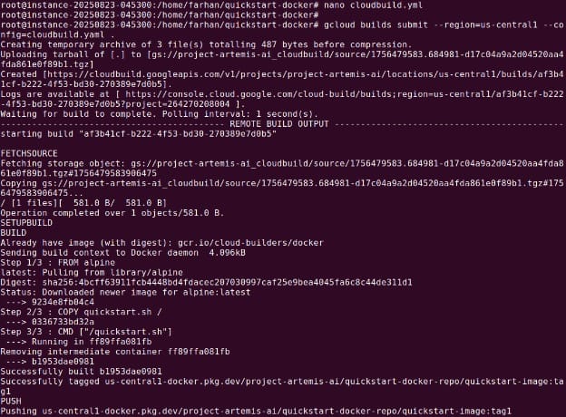 Cloud Build output from the build config file