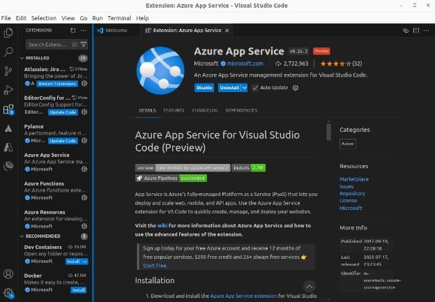 The Azure App Service extension in Visual Studio Code