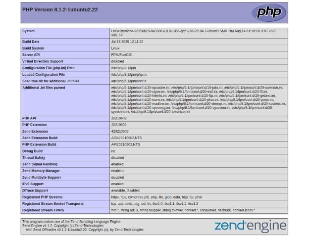 PHP information page served through NGINX