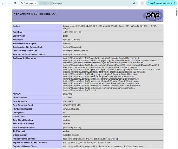 phpinfo page in browser