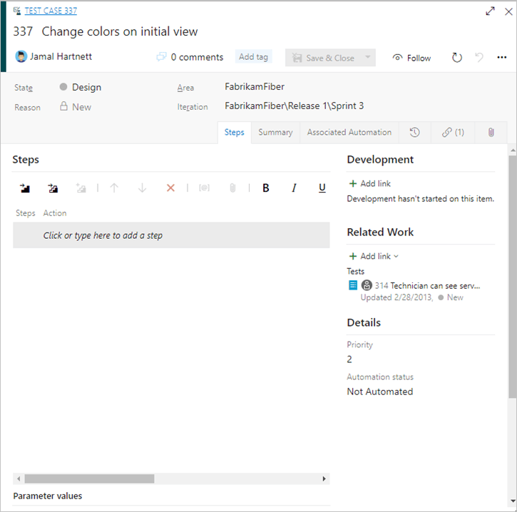 Azure DevOps Edit Test dialog