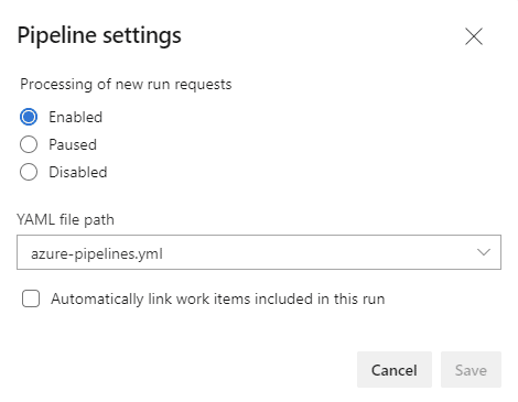 Azure DevOps Pipeline Settings dialog