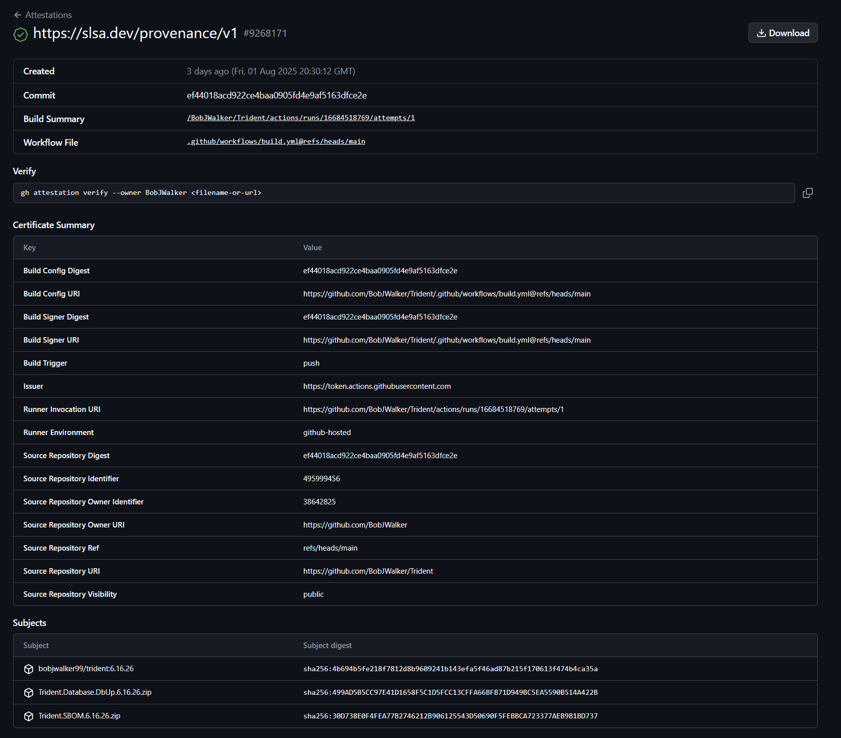 attestation in GitHub generated from an action