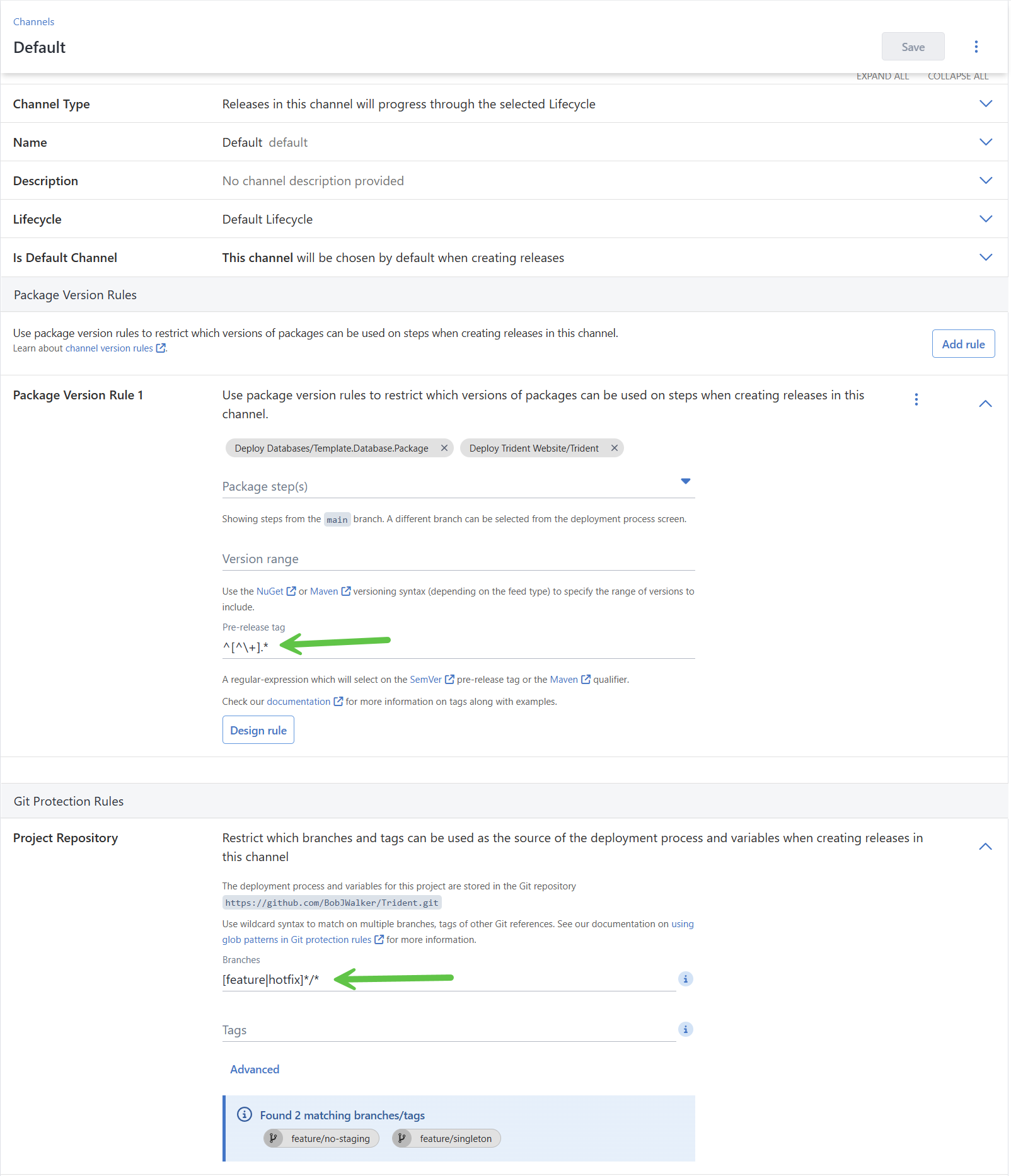channel configuration with version and branch rules