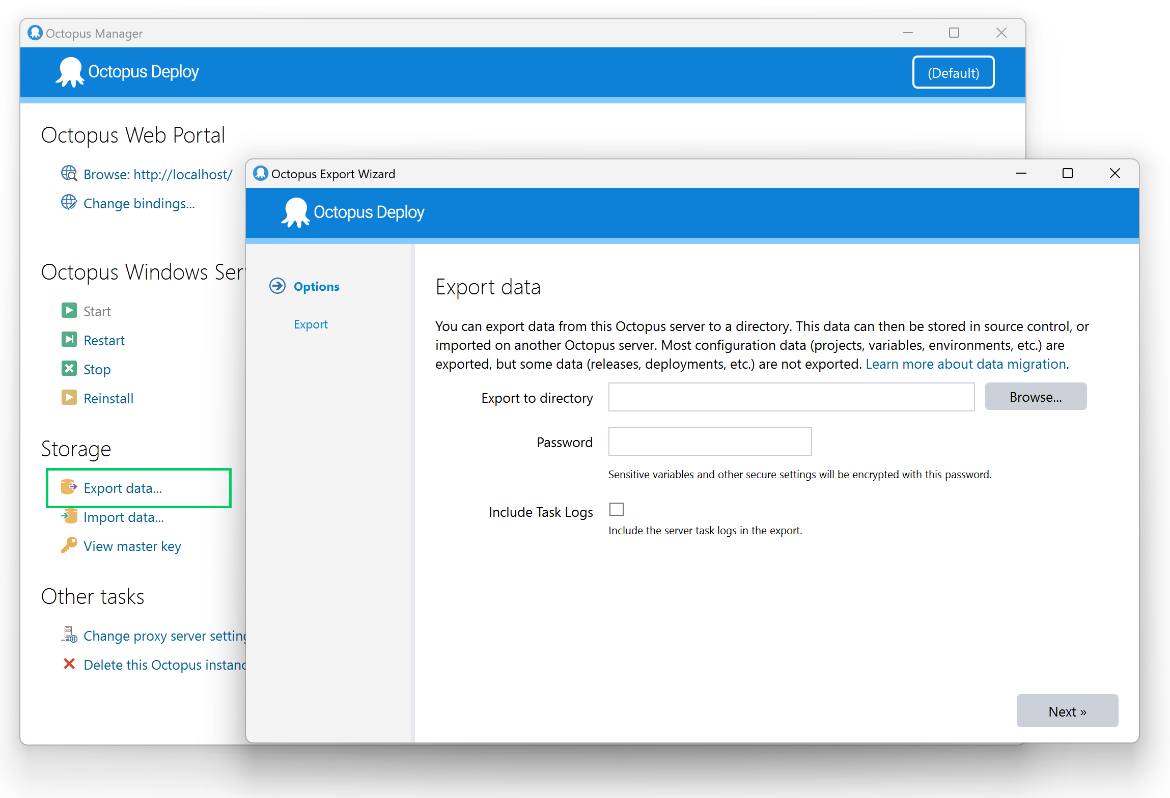 The Octopus Export Wizard is accessed via the Octopus Manager, Export data... option