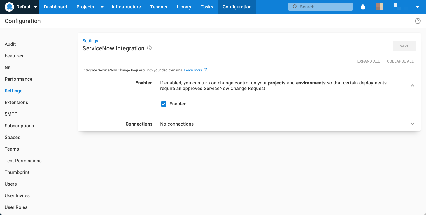 ServiceNow Integration Settings page