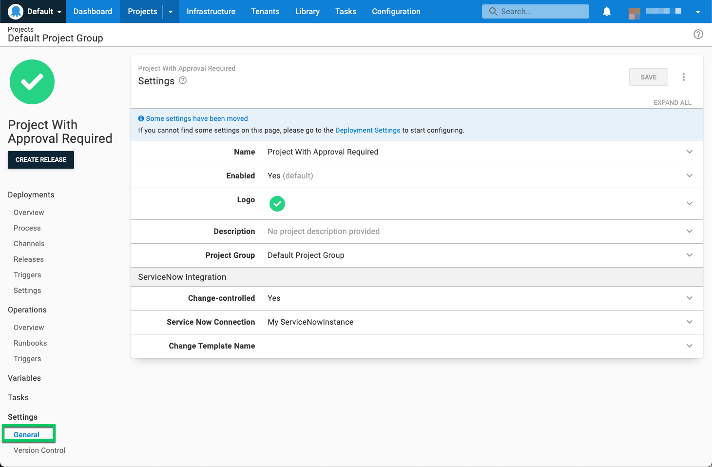 ServiceNow Integration Project settings