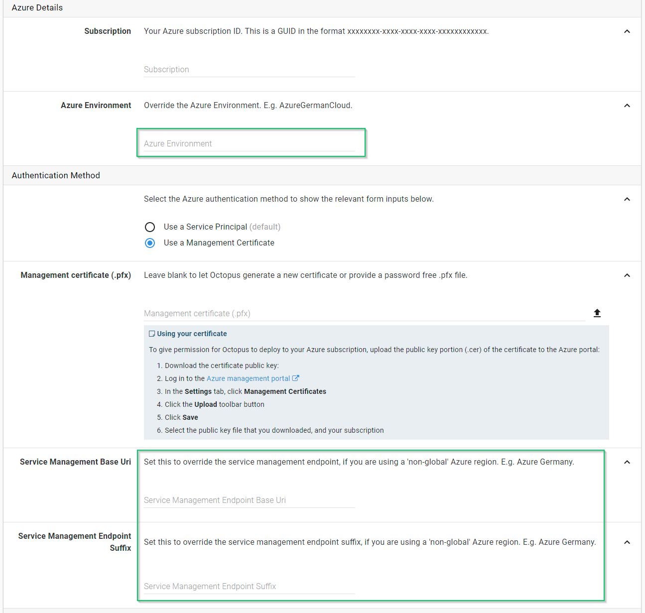 Management Certificate fields