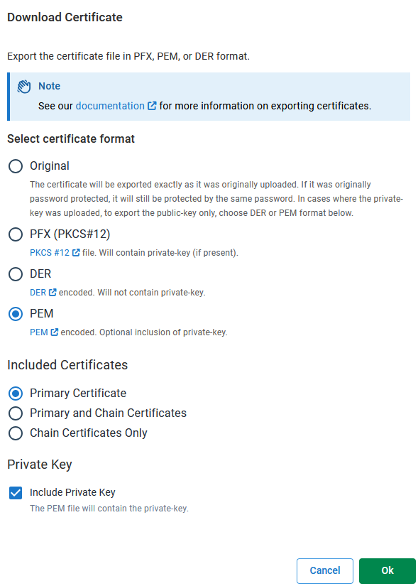 Download Chain in PEM format dialog