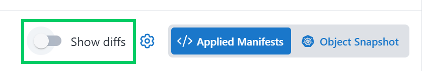 A screenshot of the Kubernetes Applied Manifests diffs toggle