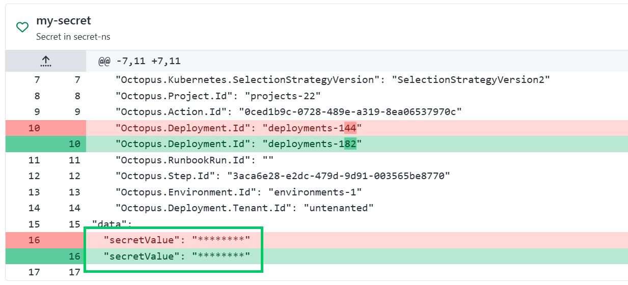 A screenshot of the Kubernetes Applied Manifests diffs for secrets
