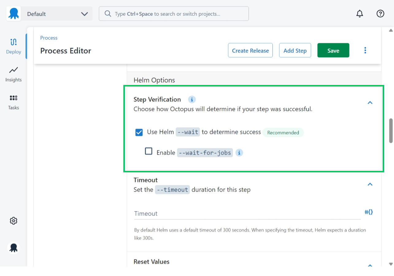 A screenshot of the Helm Step Verification configuration section