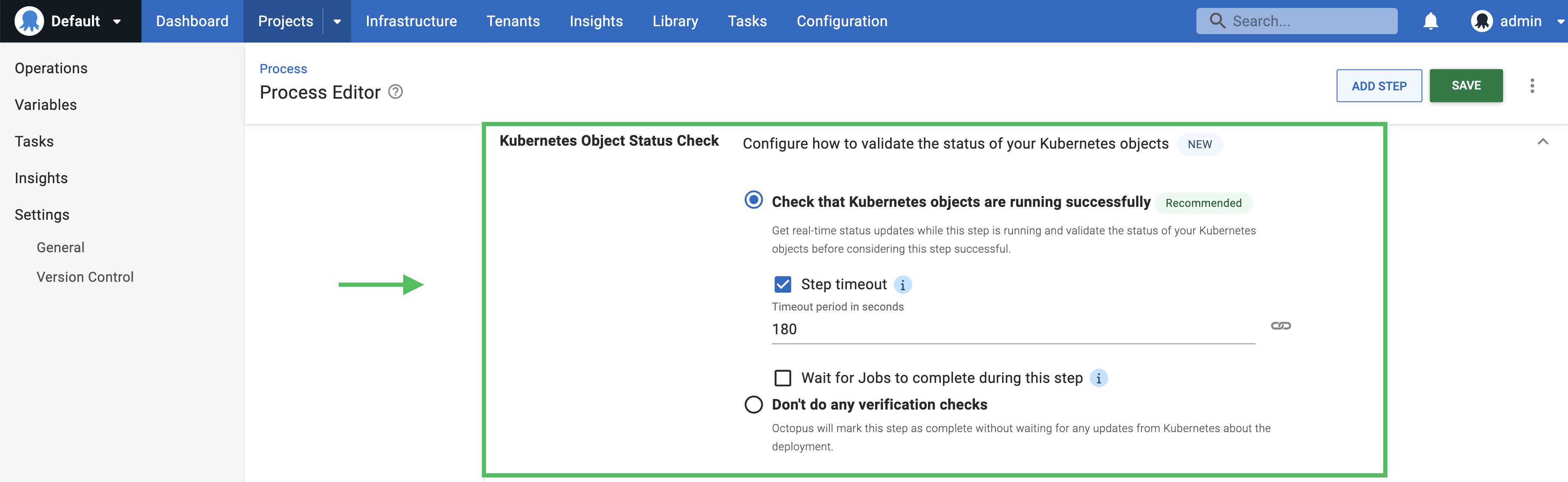 A screenshot of the Kubernetes Object Status configuration section