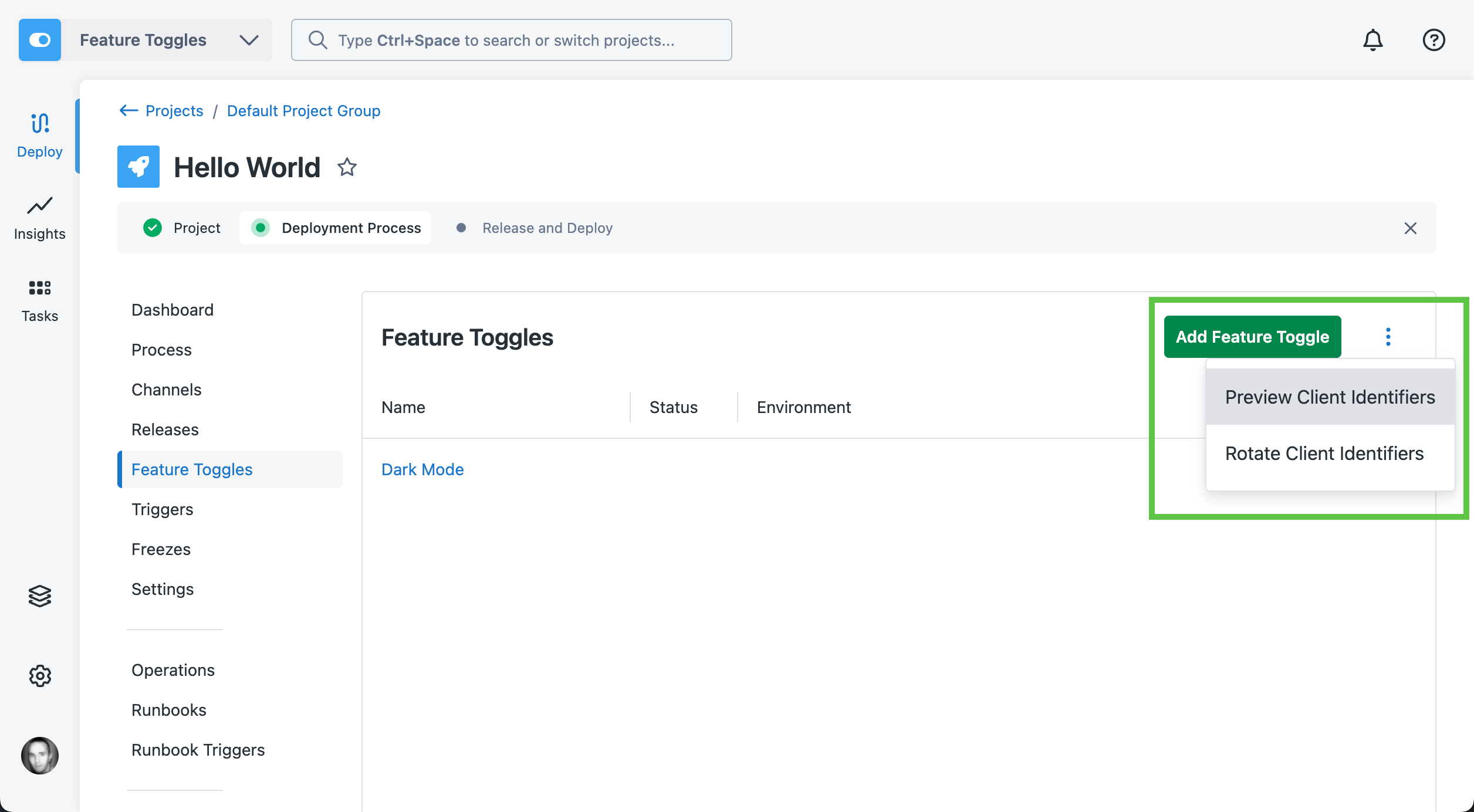 Client identifier preview menu item