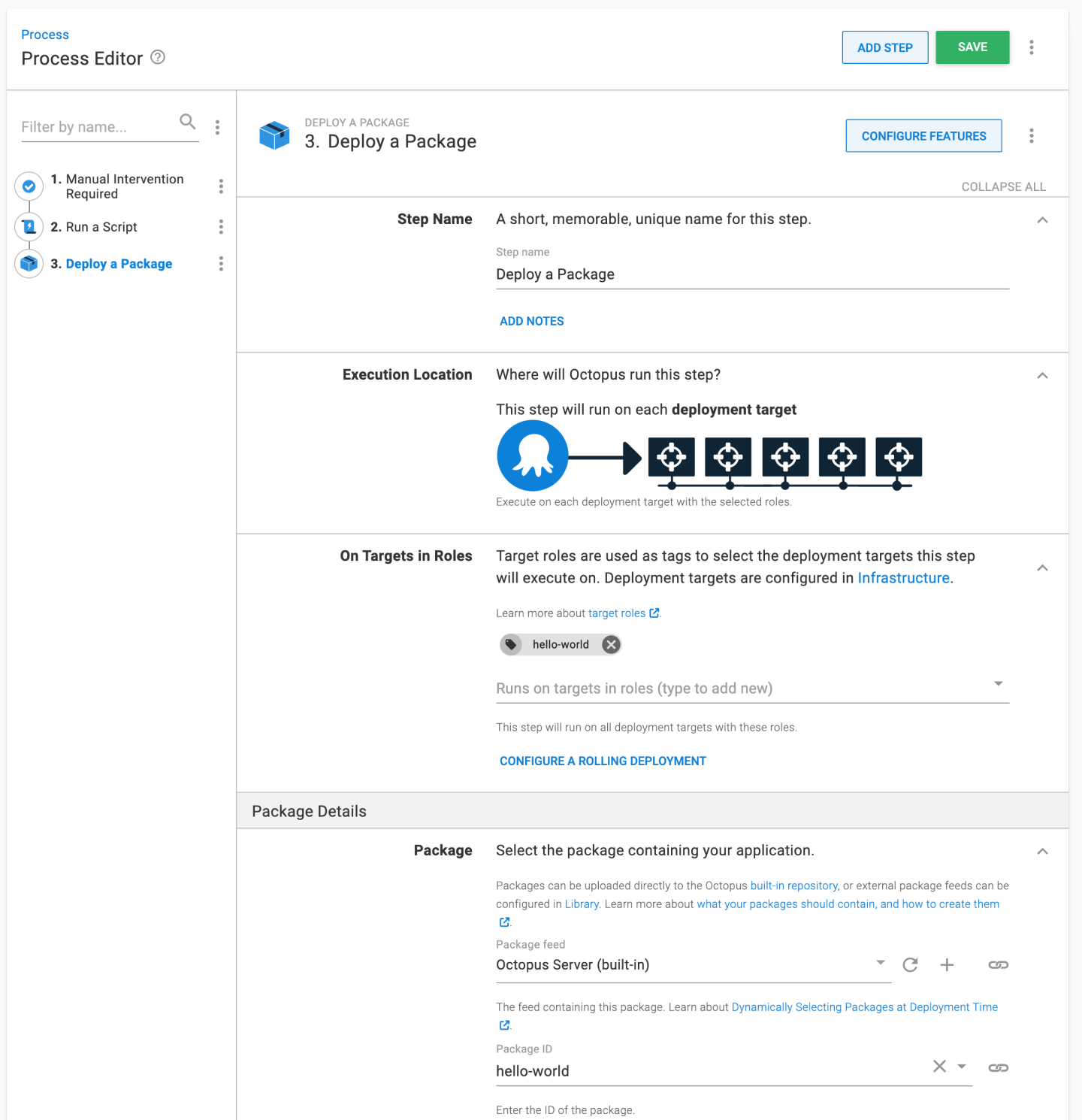 Deploy a package step with target tag and package selected