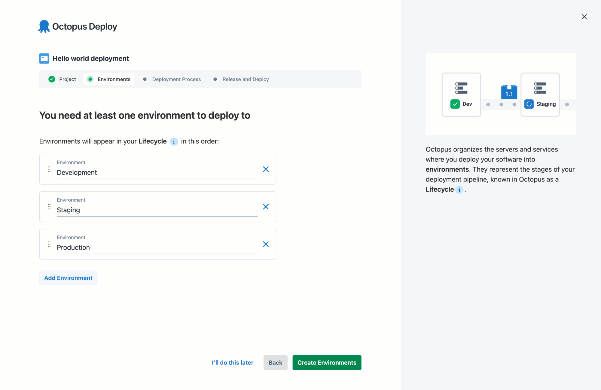 Environment selection options and deployment lifecycle visuals