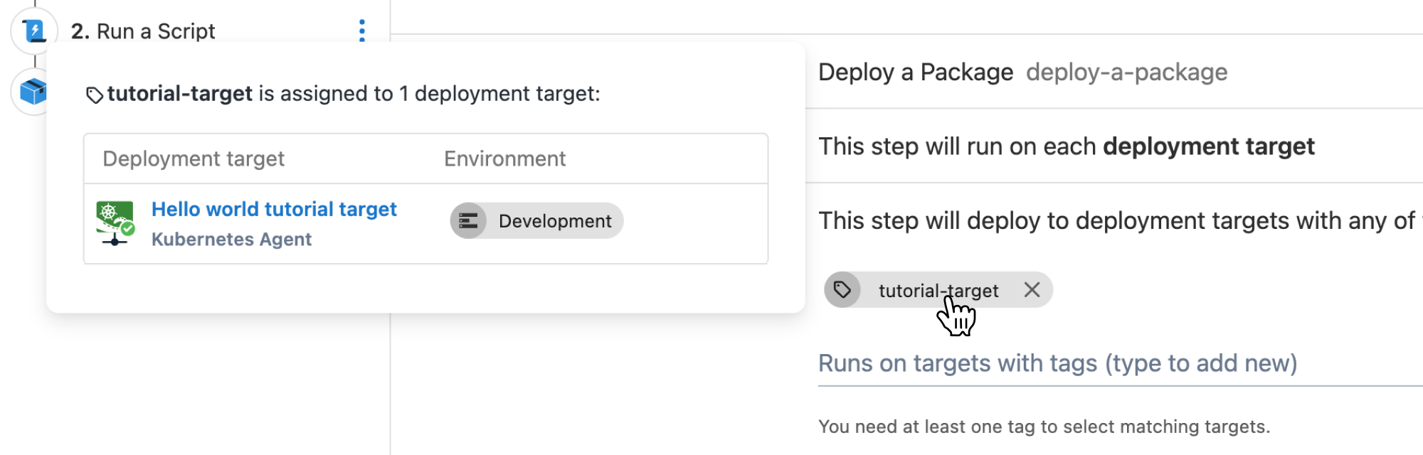 Target tags popover that shows correlating deployment targets