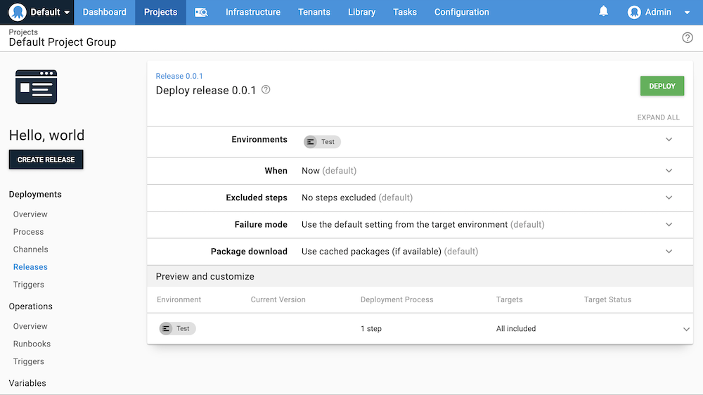 Deploy release screen in the Octopus Web Portal