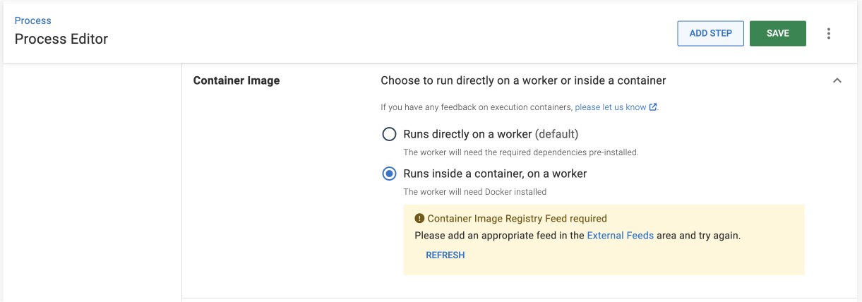 Container image expander with 'Runs inside a container, on a worker selected'.